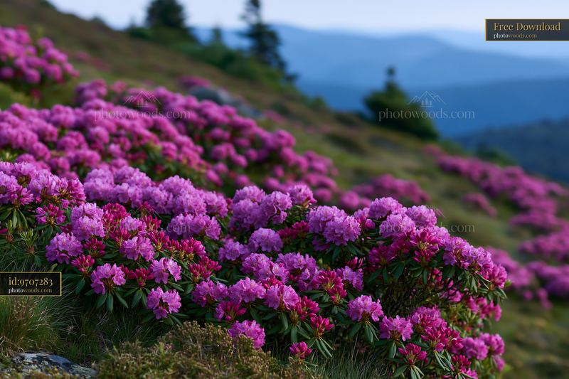 Rare dog breed on rural road with flowers and mountains in background