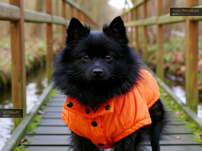 Rare dog breed wearing winter coat on a wooden path