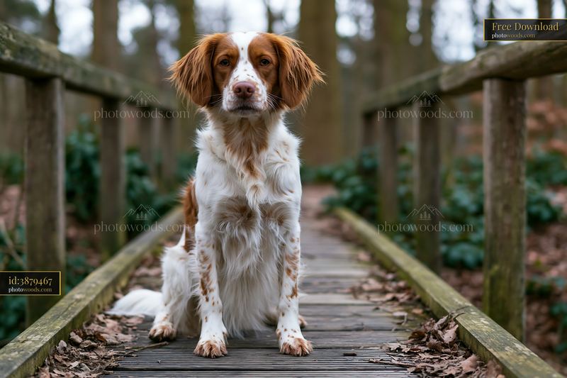 Rare dog breed with spotted coat sits on a wooden bridge
