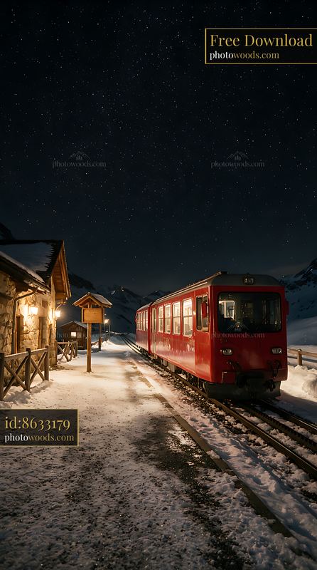 Swiss starry mountain night with a train at a snowy station