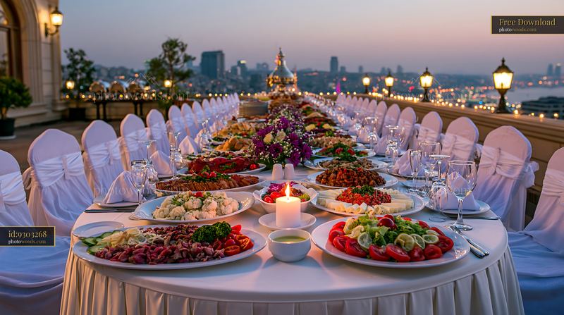 Rooftop buffet dinner with diverse food spread and city view