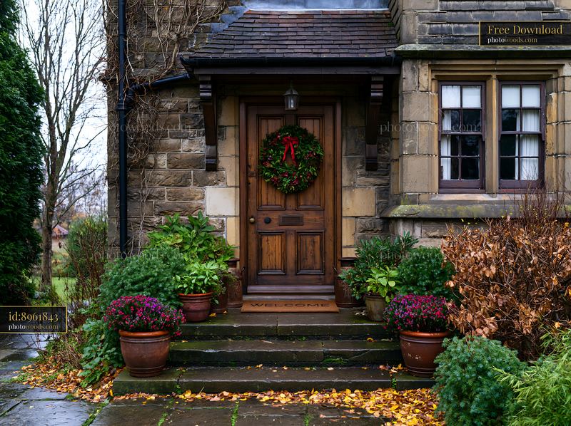 Rustic wooden front door with wreath and welcome mat