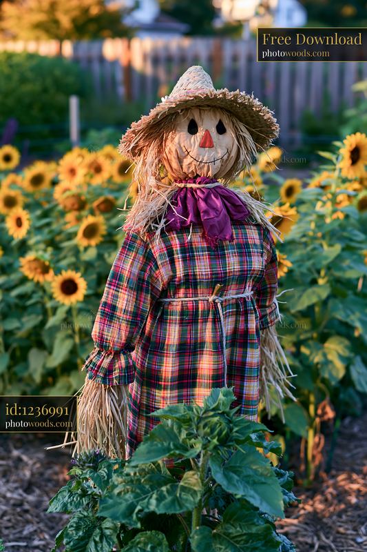 Scarecrow standing in a vibrant community garden with sunflowers