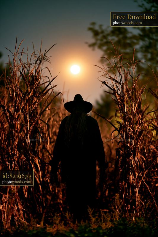 Scarecrow at night in a cornfield with a bright moon