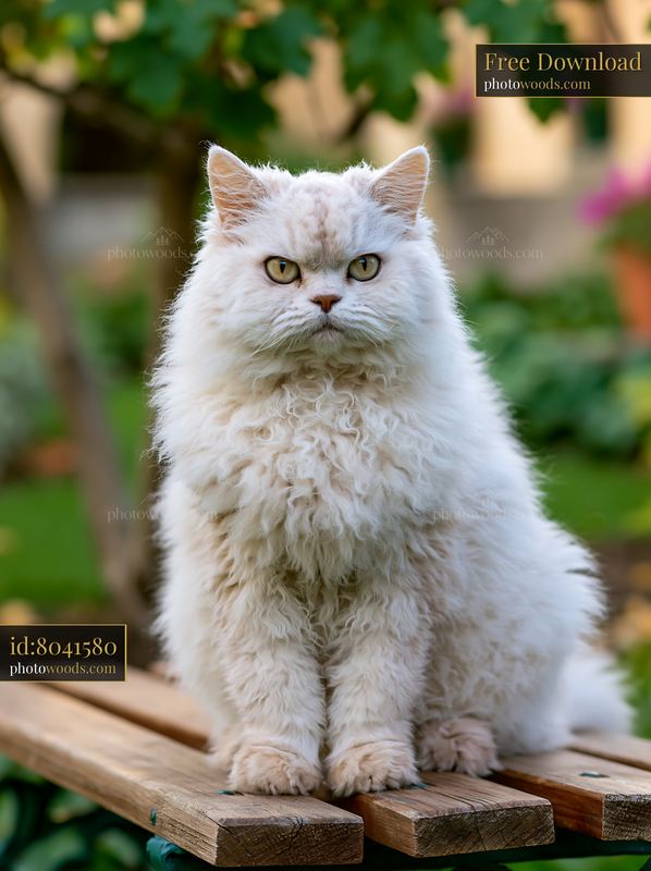 Fluffy Selkirk Rex cat portrait in a garden setting