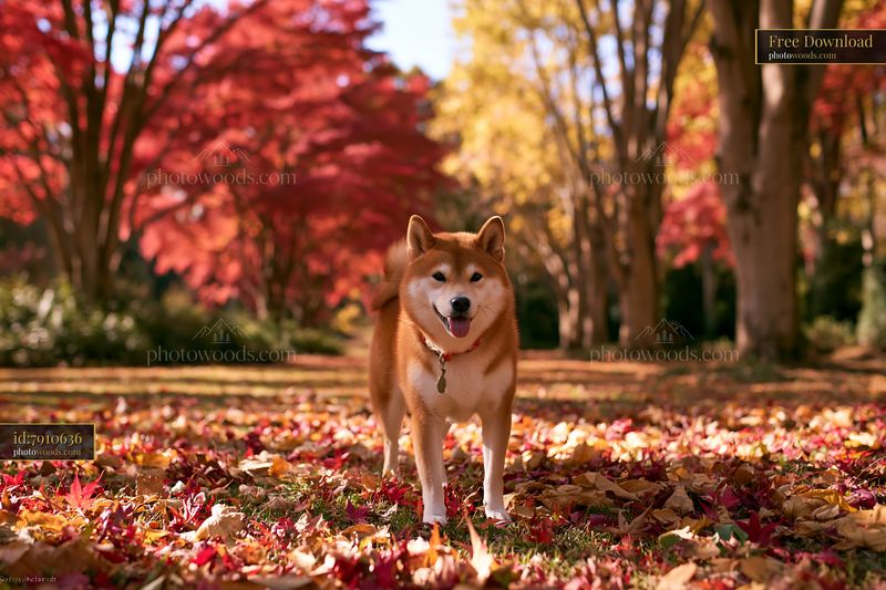 Shiba Inu dog walking in autumn park surrounded by colorful leaves