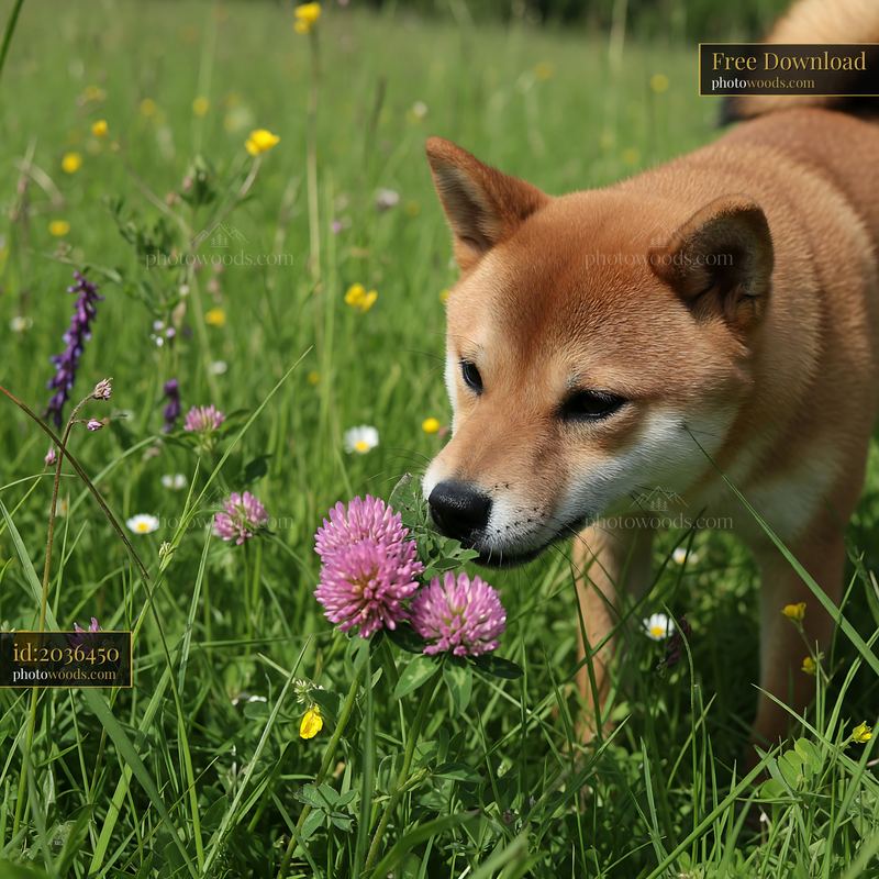 Shiba inu sniffing flowers in a spring meadow