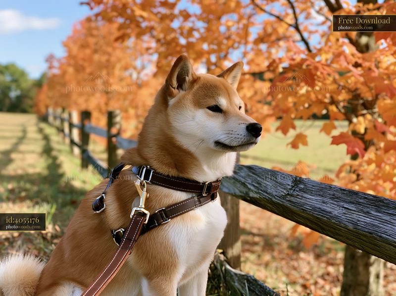 Shiba Inu standing near a wooden fence among autumn trees
