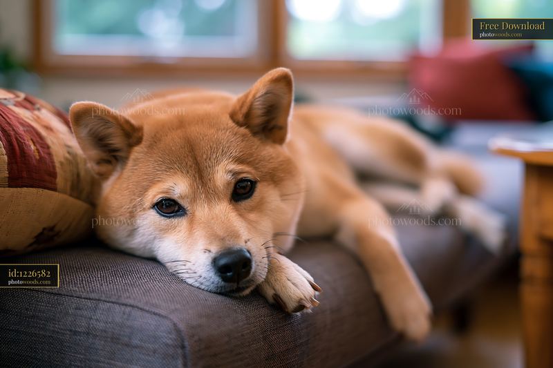 Shiba Inu resting on a sofa with cozy home setting