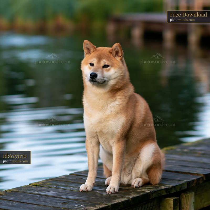 Shiba inu sitting on a wooden dock with blank water background