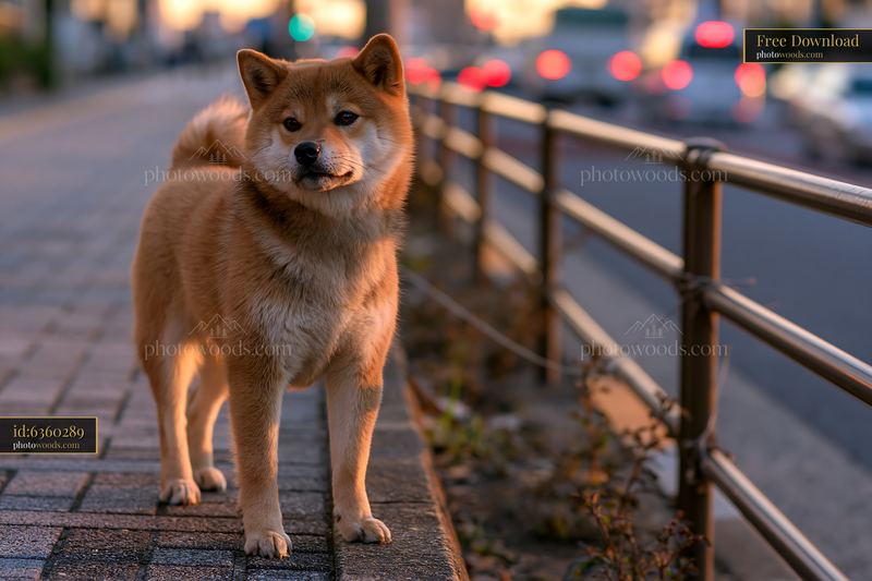 Shiba Inu standing on a city sidewalk at sunset