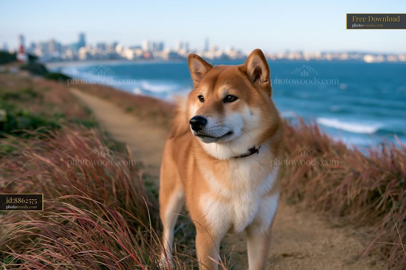 Shiba Inu looking at a city skyline