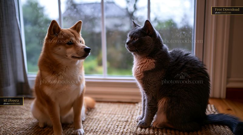 Shiba Inu and cat sitting together at home