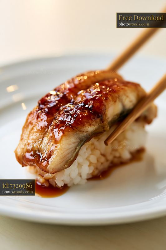 Single eel nigiri with sauce on a white plate