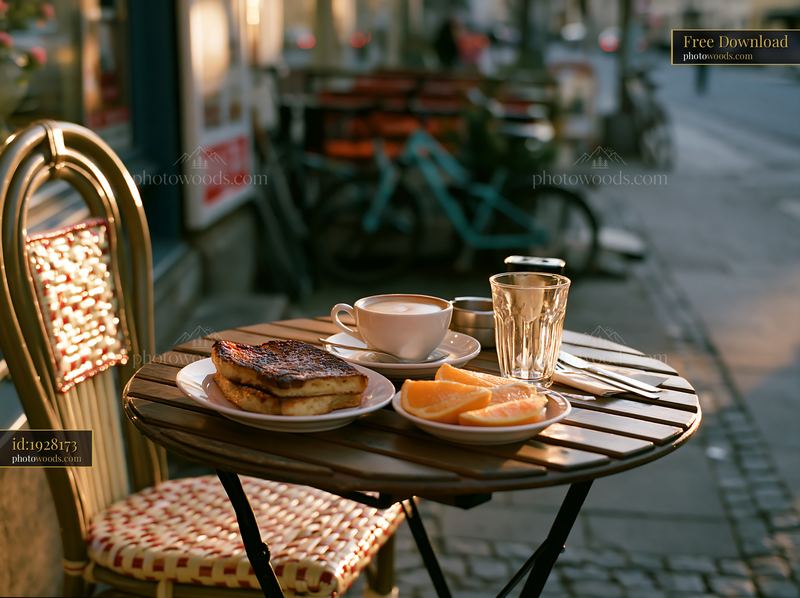 Street cafe table with milk coffee and breakfast on a sunny day