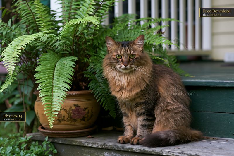 Portrait of a Suphalak cat sitting beside a fern