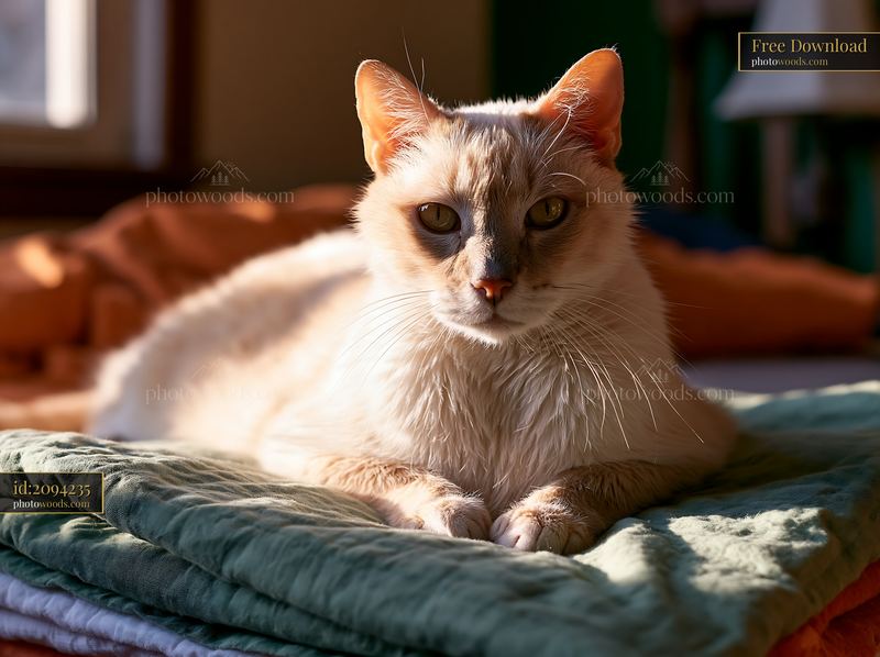 Soft Suphalak cat lying on a colorful blanket in natural light