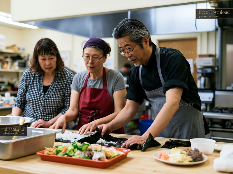 Sushi chef teaching adults traditional sushi preparation techniques