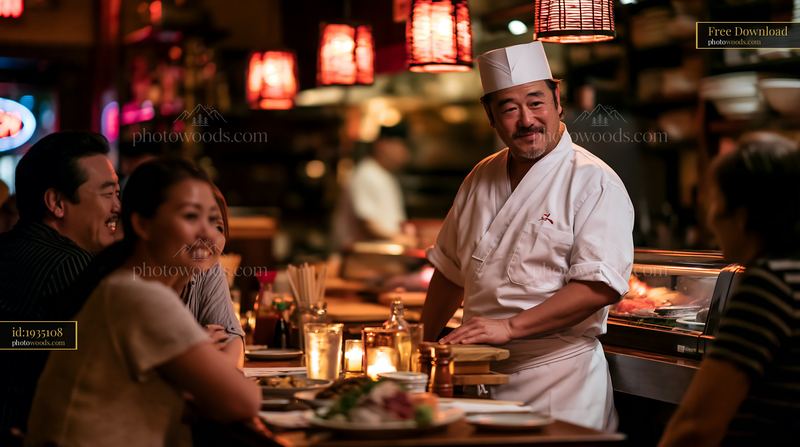 Sushi chef greeting diners in a vibrant restaurant setting
