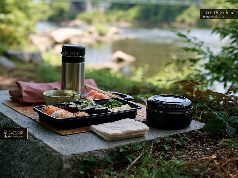 Sushi picnic lunch outdoors by the river on a sunny day