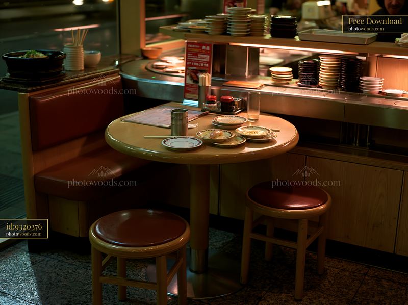 Sushi conveyor belt restaurant with a dining table and empty plates