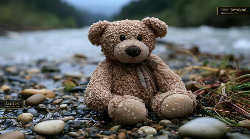 Teddy bear covered in water droplets on a riverbank