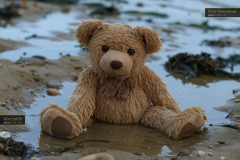 Teddy bear washed up in shallow puddle by the shore