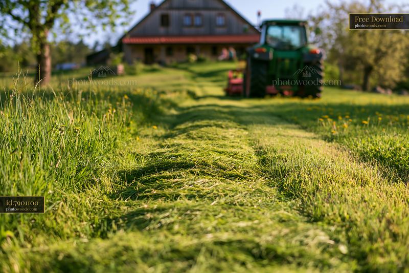 Mowing meadow with tractor near a farmhouse