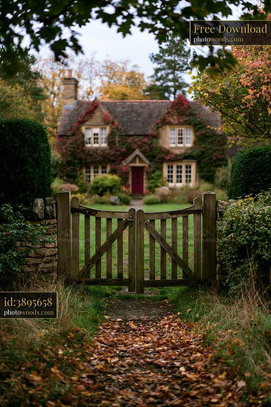 Charming country house with garden gate and autumn leaves