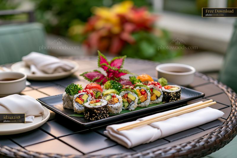 Vegan sushi platter served on black plate at outdoor table