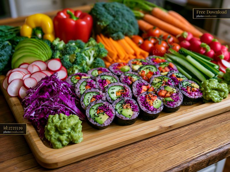 Bright vegan sushi platter with fresh vegetables on a wooden board