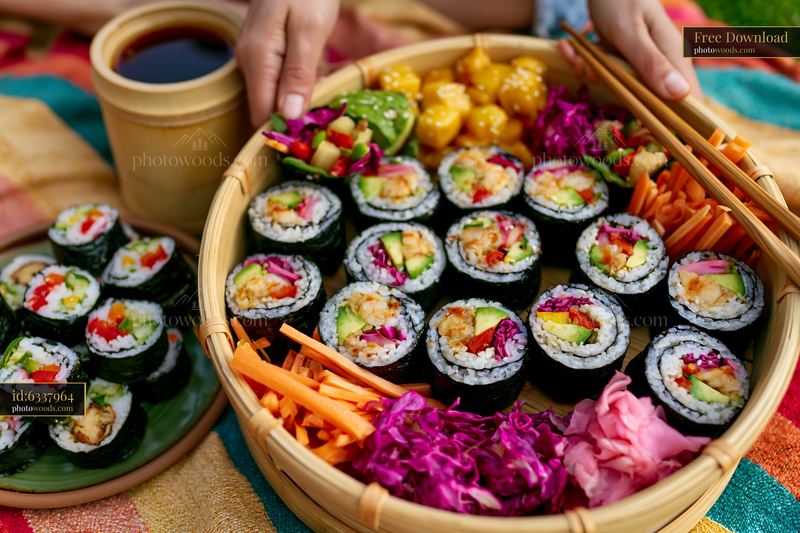 Vegan sushi platter served in a woven basket with colorful side dishes