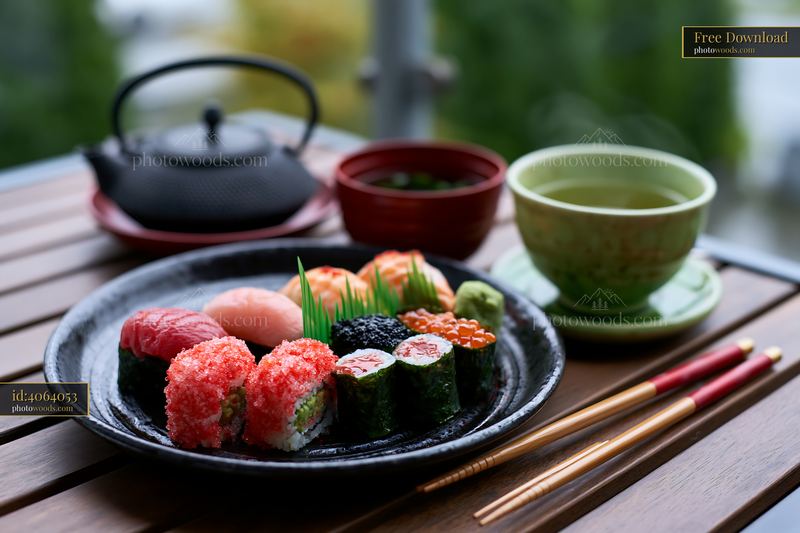 Tobiko roe sushi platter served with tea and green vegetables