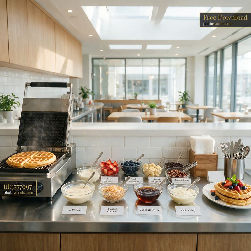 Waffle buffet station with various toppings and a modern setup
