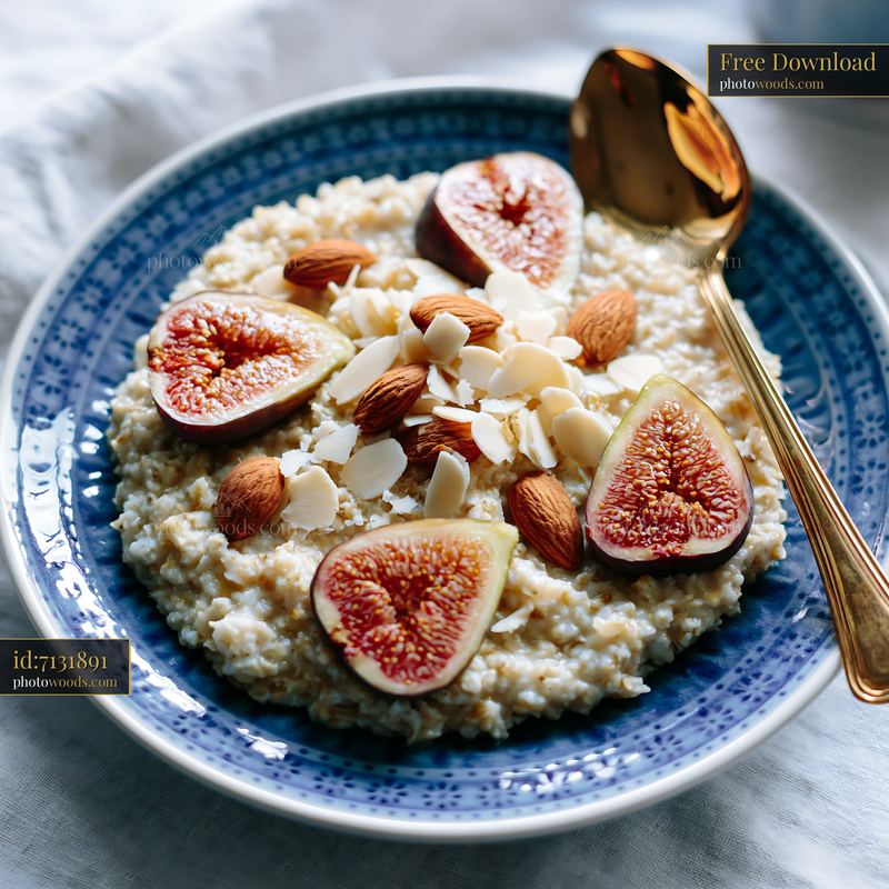 Breakfast plate with oatmeal topped with figs and nuts