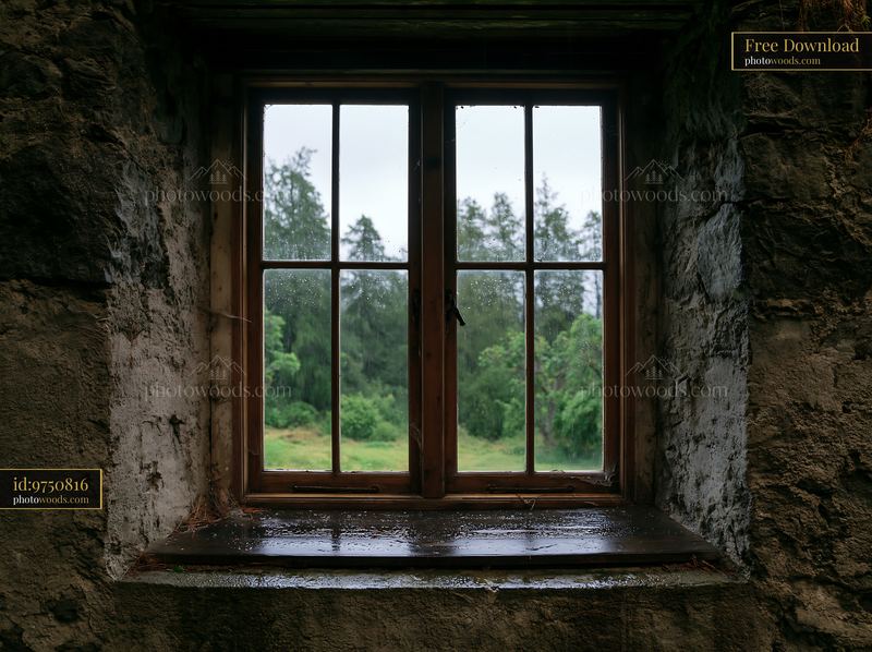 Wet wooden casement window with rain on a cloudy day