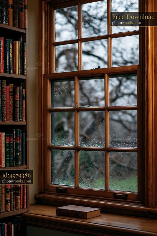 Wet wooden casement window surrounded by books on a cloudy day