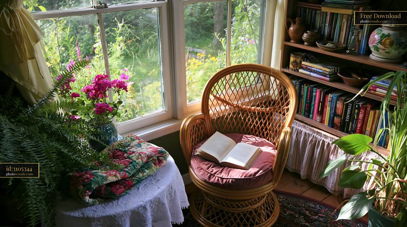 Cozy reading corner in cottage with chair and books