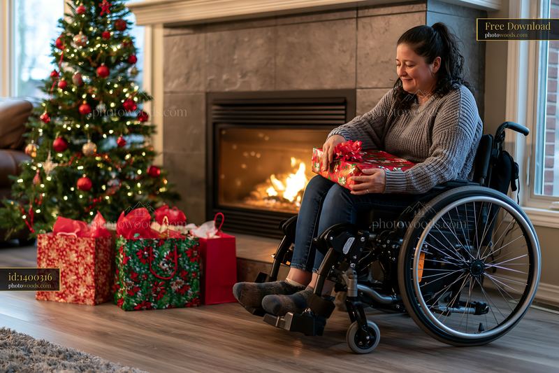 Woman in wheelchair opening gift beside Christmas tree and fireplace