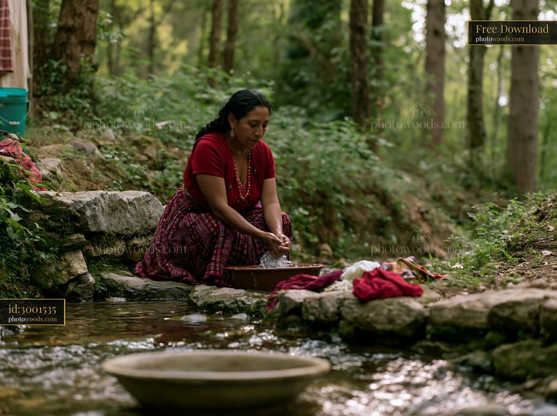 Woman washing linens beside a stream in a forest setting
