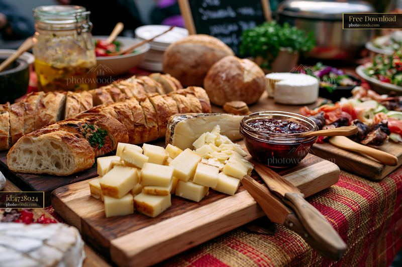 Zero waste buffet table with breads, cheeses, and spreads