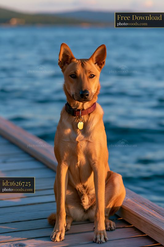 Alert dog sitting on a seaside pier at sunset