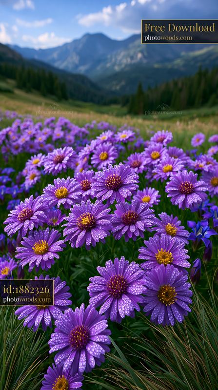 Alpine Aster Flowers in Mountain Meadow With Distant Peaks