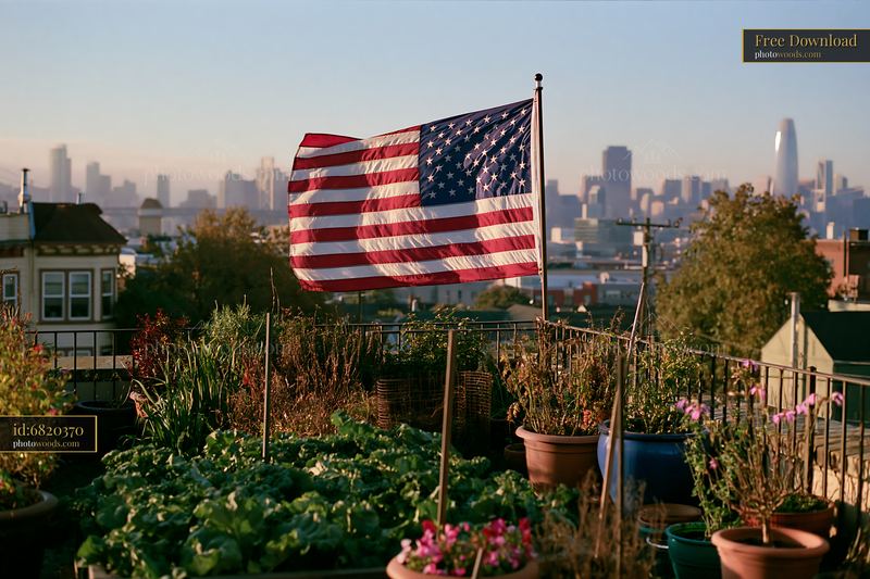 American flag flying in strong wind on a rooftop garden