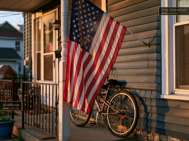 American flag hanging from porch with bicycle nearby