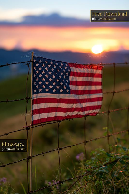 American flag behind barbed wire at sunset with a colorful sky