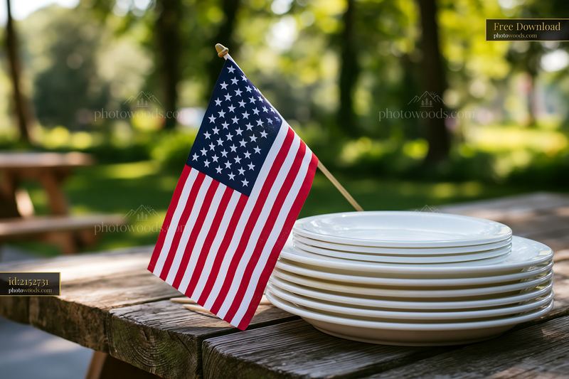 American flag table decoration with white plates on a wooden table