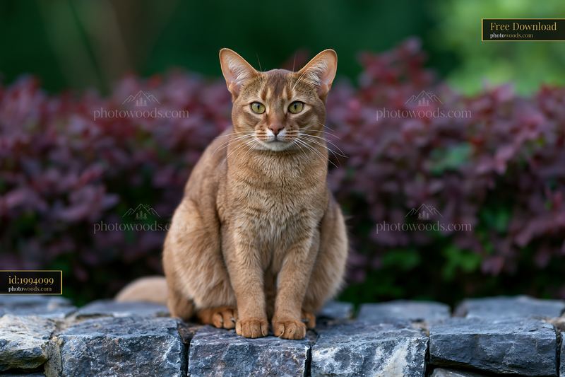 Australian Mist cat sitting on stone wall with greenery behind
