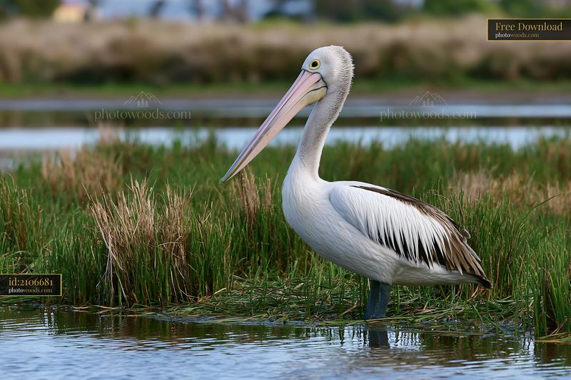 Australian pelican standing in coastal lagoon during daylight