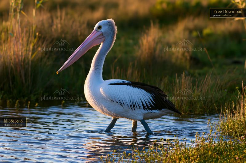 Australian pelican walking through water in a coastal lagoon